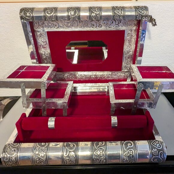 Ornate Etched Wooden Pull Out Silver Tone Wooden Tiered Organizer Jewelry Box - Picture 1 of 7